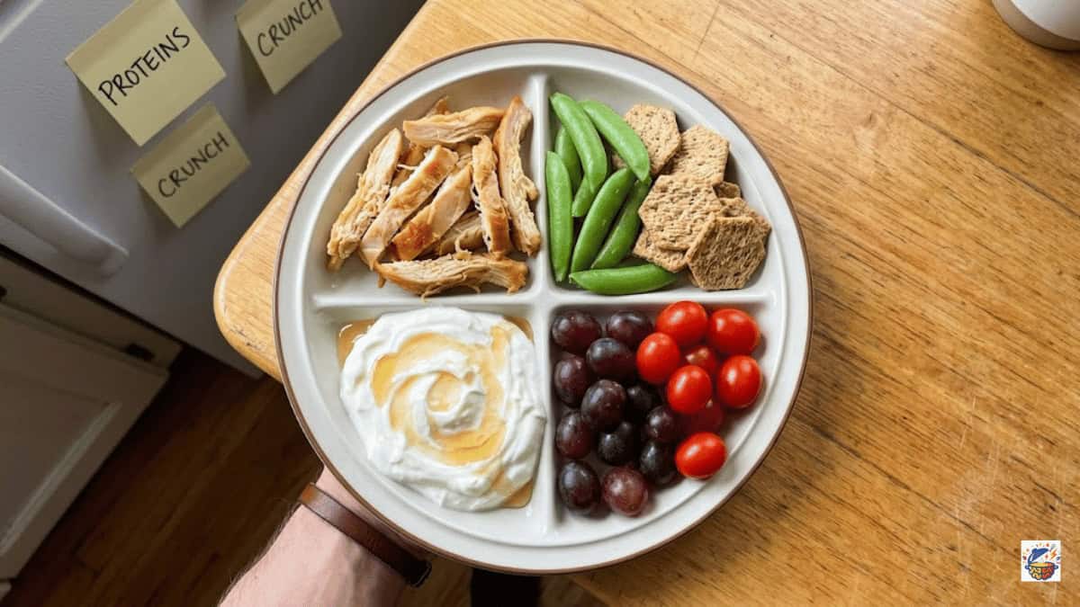 Balanced meal plate with protein, whole grains, and vegetables
